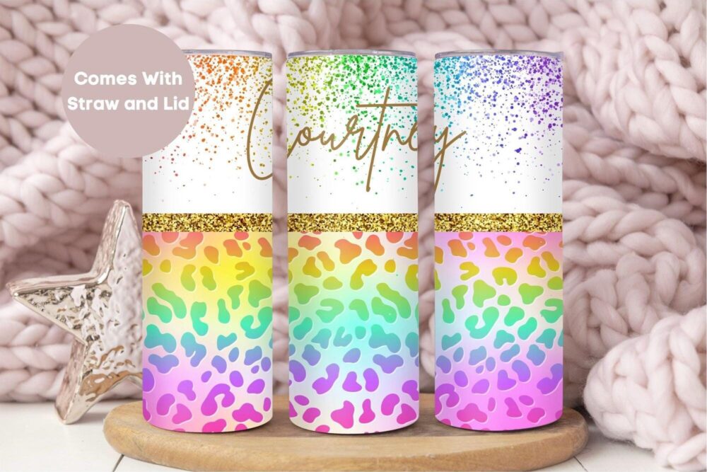 Personalized Glitter Name Tumbler, Cute Custom To Go Cup Birthday Gift For Her, Neon Cheetah Tumbler Cup, Leopard Mom