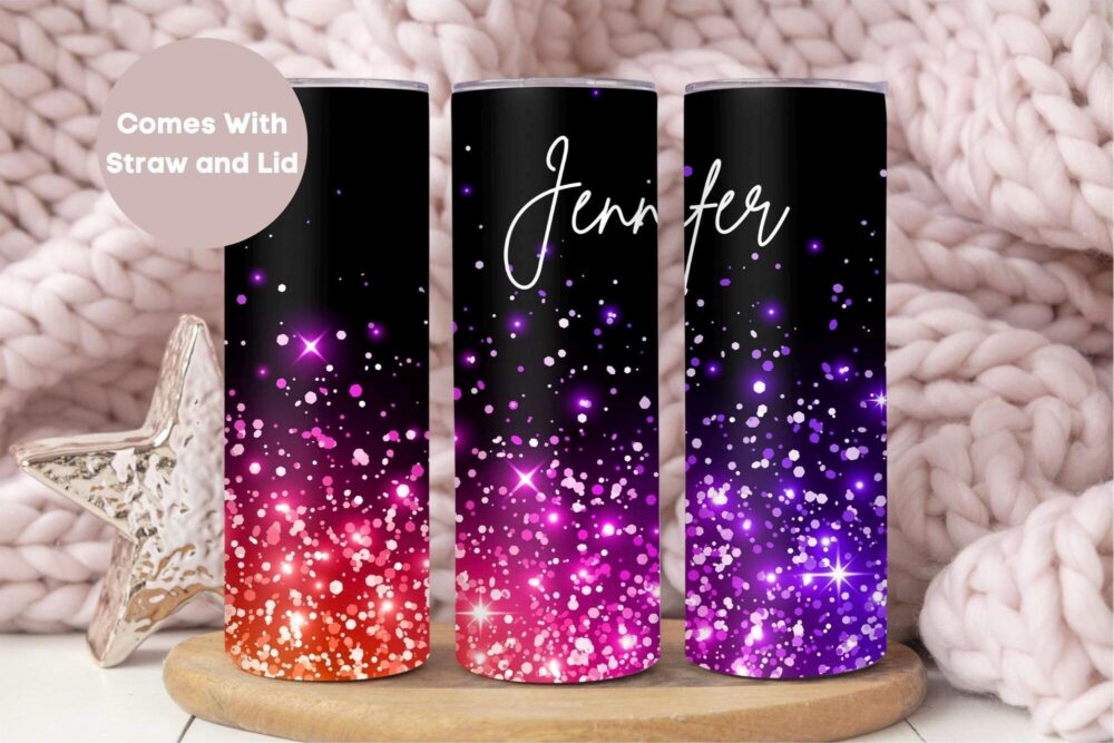 Personalized Glitter Name Tumbler With Straw & Lid, Cute Custom To Go Cup Birthday Gift For Her, Black & Pink