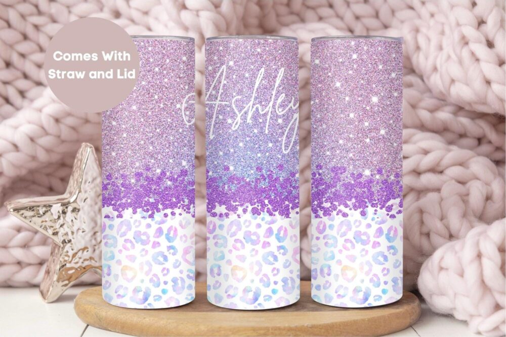 Personalized Glitter Name Tumbler, Cute Custom To Go Cup Birthday Gift For Her, Purple Cheetah Leopard Mom Tumbler