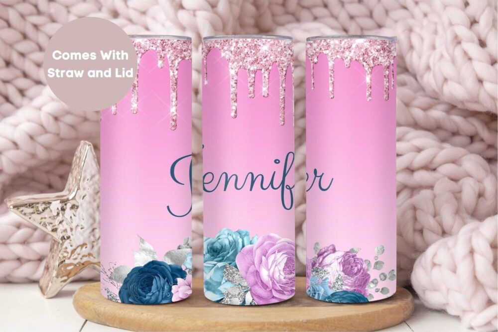 Personalized Glitter Name Tumbler, Cute Custom To Go Cup Birthday Gift For Her, Pink Floral Tumbler Cup, Sparkly Silver Mug