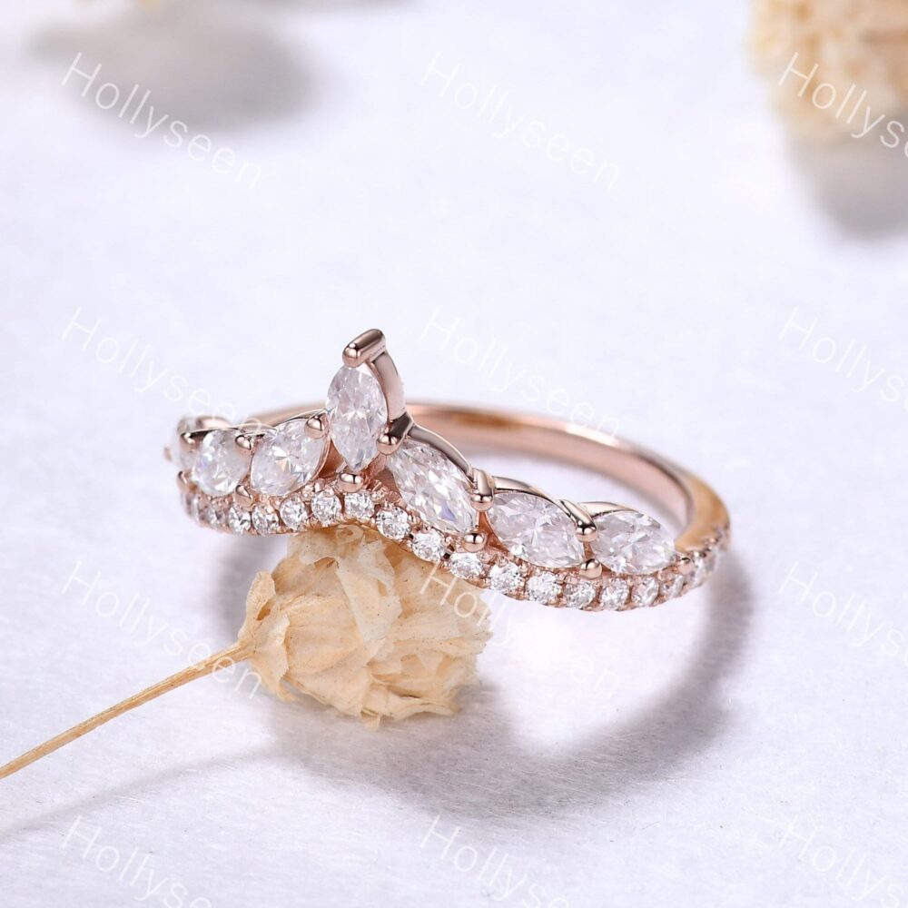 Marquise Moissanite Curved Wedding Ring Band 14K Rose Gold Stackable Bridal Engagement Matching Stacking For Women
