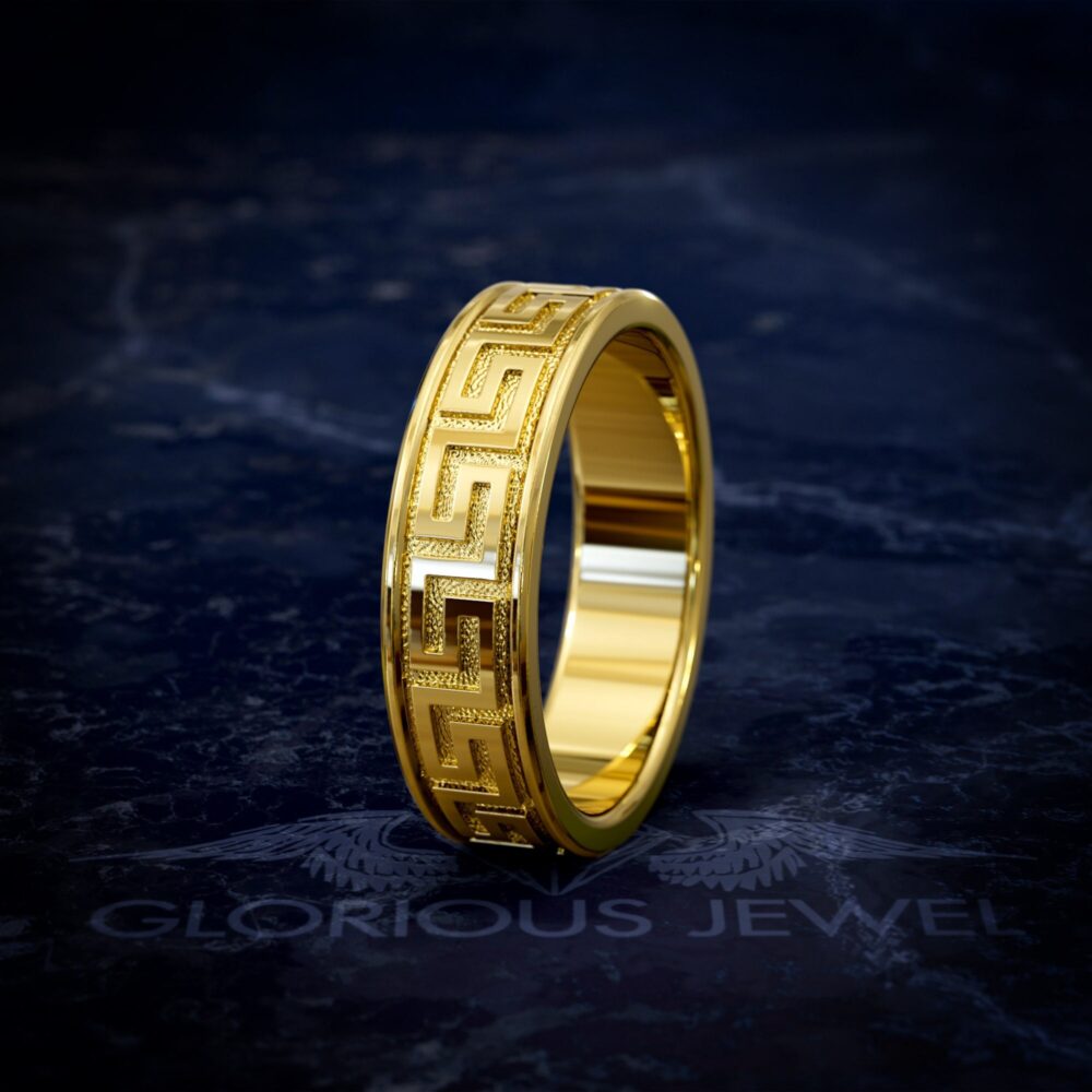Elegant Wedding Greek Key Gold Band - Handcrafted Classic Style Unique Ring Perfect For Ceremony Or Anniversary Gift
