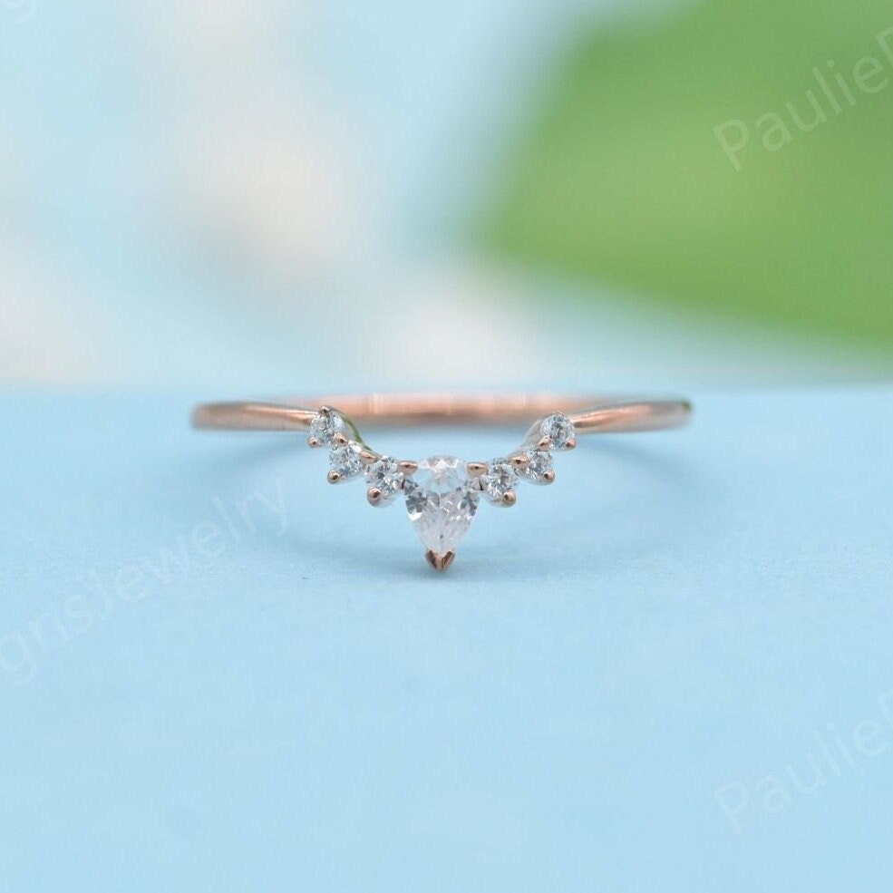 Moissanite Wedding Band, Rose Gold Band Women Bridal Ring, Unique Curved Diamond Promise Anniversary Ring