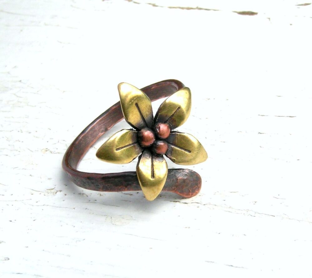 Copper Flower Ring, Hammered Band, Adjustable Brass Ring
