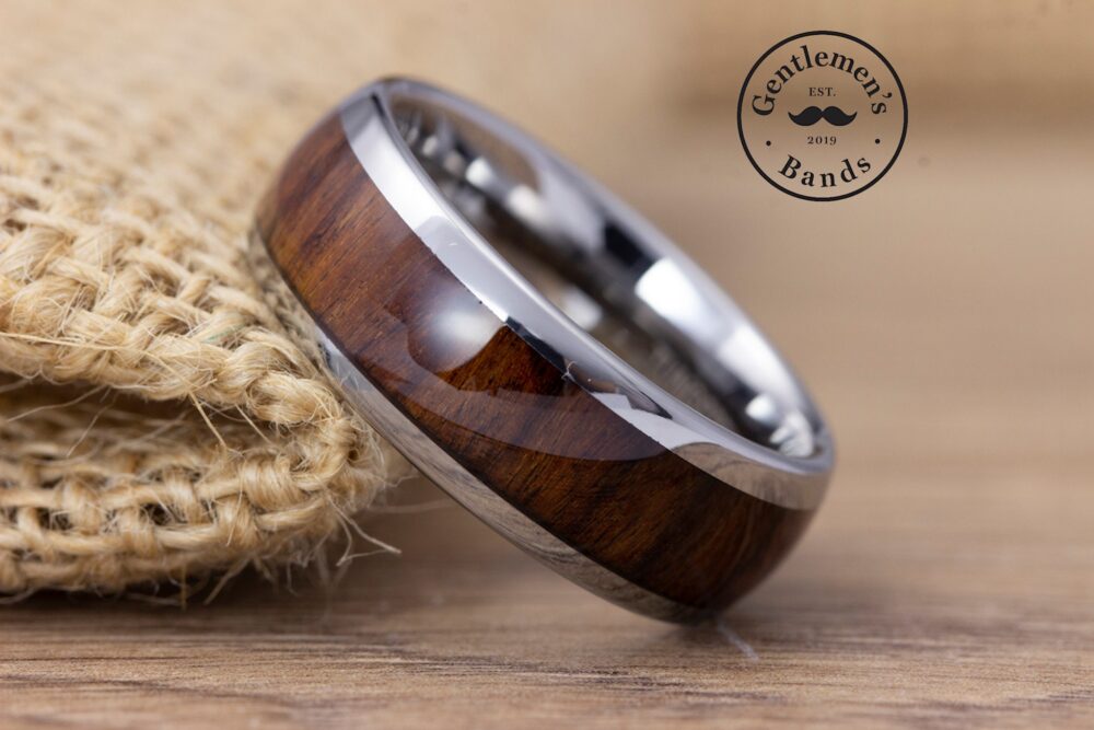 Men's Silver & Rosewood Wedding Ring, Wood Mens Band, Engagement Anniversary Ring