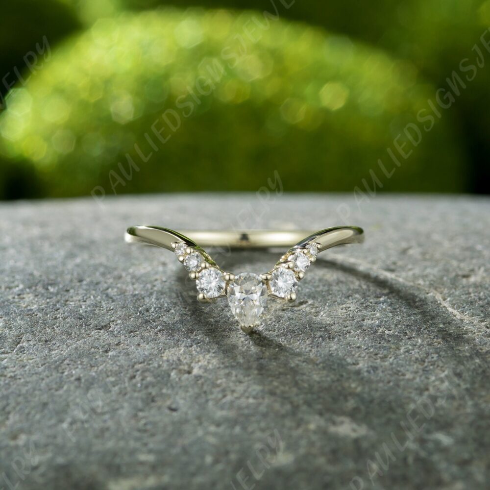 Diamond Curved Wedding Band, Art Deco Rose Gold Ring Vintage Pear Shaped Moissanite Stacking Band 14K Matching Anniversary