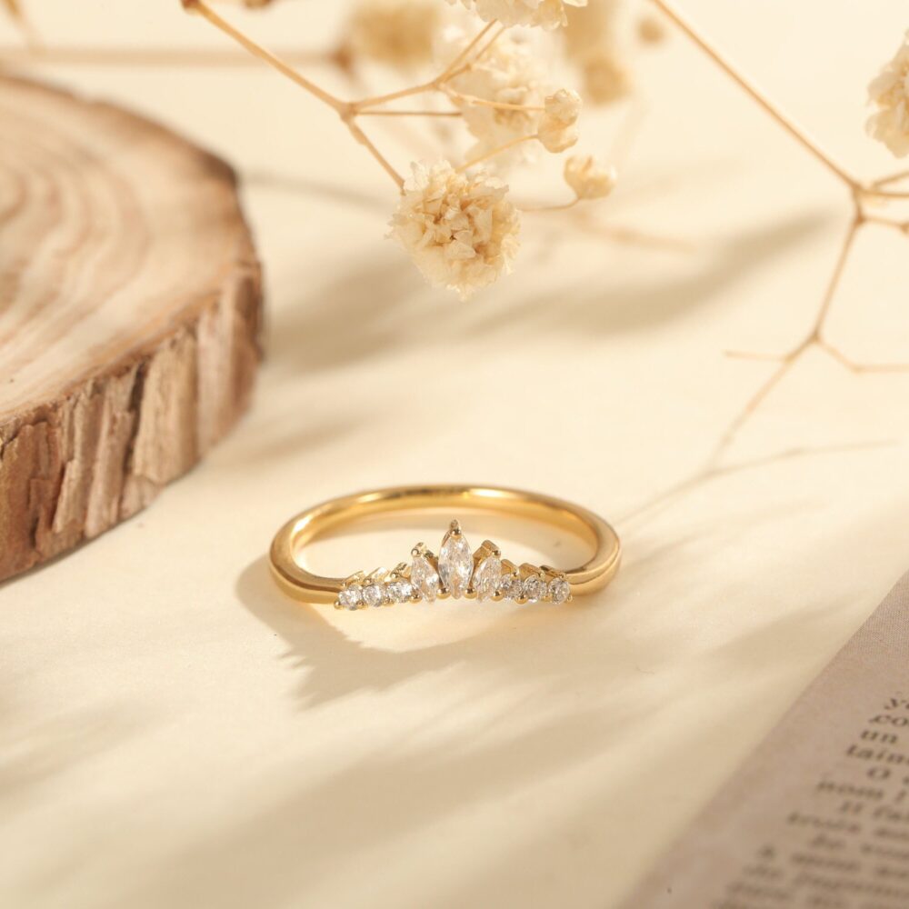 Curved Moissanite Wedding Band Marquise Shaped Gold Diamond Women Chevron Matching Stacking Unique Anniversary