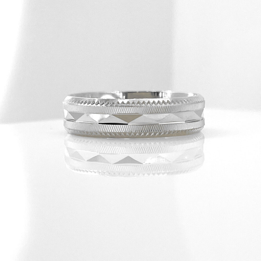 Wedding Band Faceted Diamond Cut Designed Pure Sterling Silver 925 Band Unisex Wedding Ring Unique Design Sterling Silver 6mm Wide