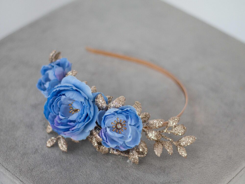 Pale Blue Gold Flower Headband Fascinator, Hot Pink Hair Band, Side Floral Head Sparkly Piece, Bridesmaid Bride Glitter Headpiece