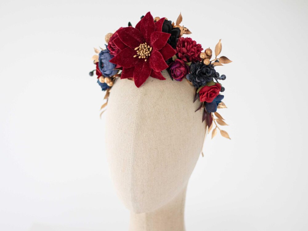 Navy Blue Burgundy Flower Headband Fascinator, Velvet Poinsettia Floral Crown, Winter Hair Piece, Dark Red Wedding Guest Headpiece Tea Party
