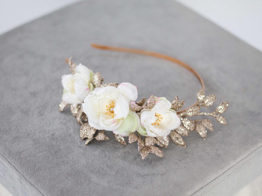 Off White Gold Flower Headband Fascinator, Hot Pink Hair Band, Side Floral Head Sparkly Piece, Bridesmaid Bride Glitter Headpiece