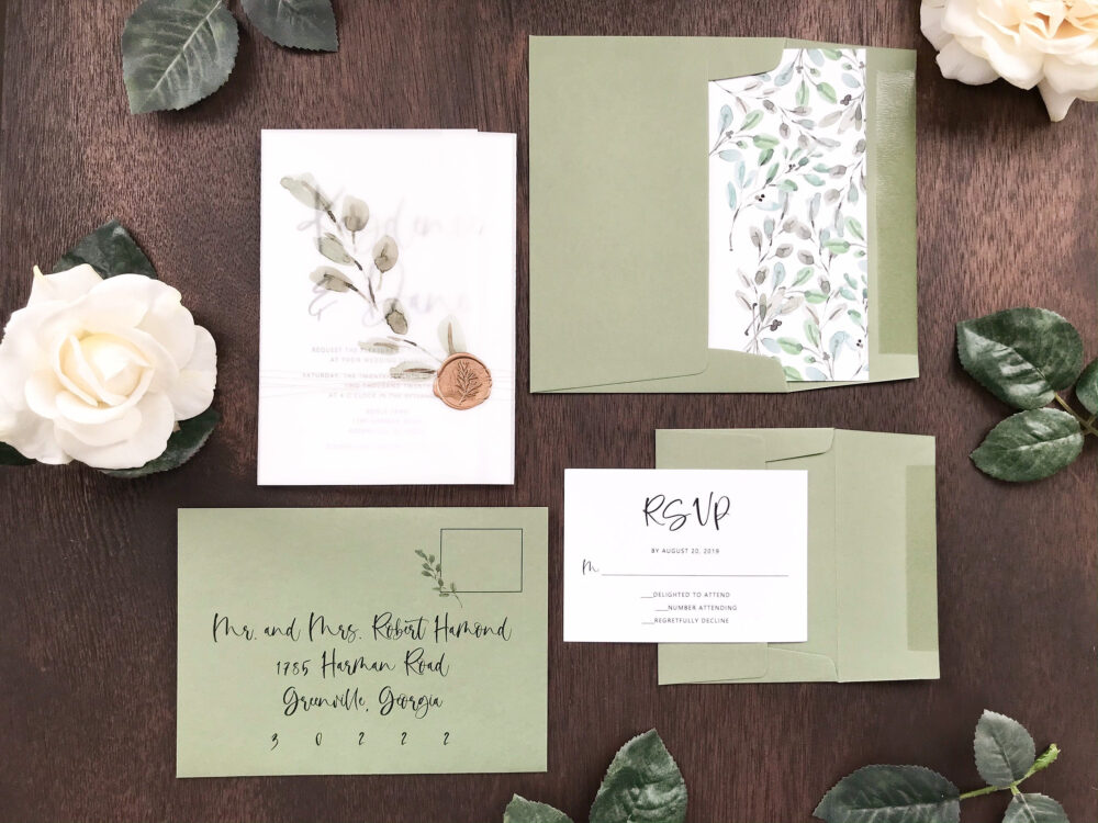 Vellum Wedding Invitation Set With Wax Seal & Watercolor Greenery, Elegant Invitation, Botanical Invite Thread Wrap