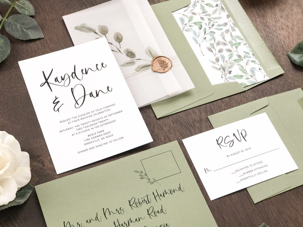 Watercolor Greenery Wedding Invitation Set With Wax Seal & Vellum, Elegant Invitation, Botanical Invite, Eucalyptus, Modern Calligraphy
