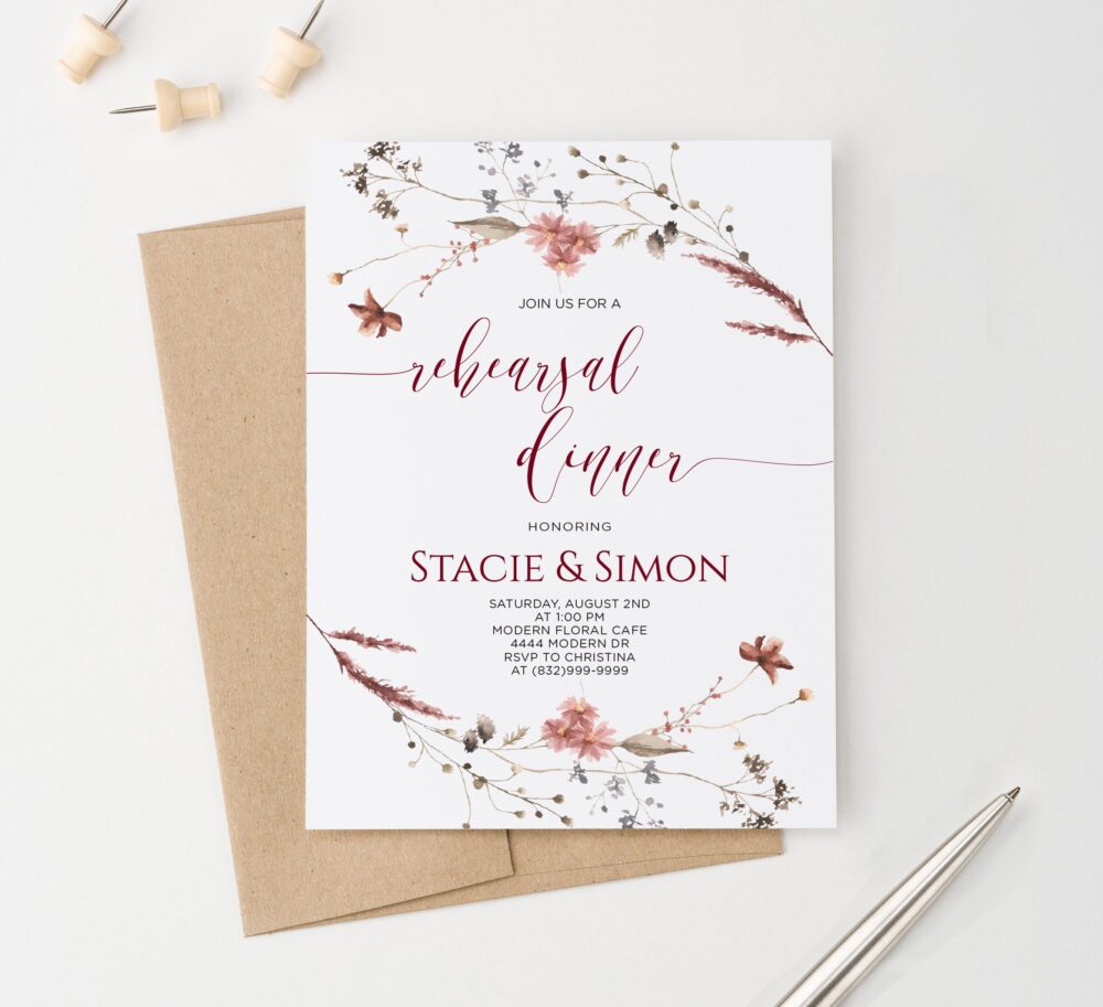 Rustic Rehearsal Dinner Invitation, Wildflower Invites, Personalized Invitations, Fall Invite Rdi043