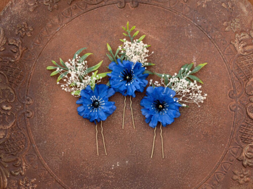 Cornflower Flower Pins Wedding, Meadow Floral Hair Pins, Royal Blue Bobby Bohemian Bride Bridesmaid Clip, Boho Bridal Headpiece