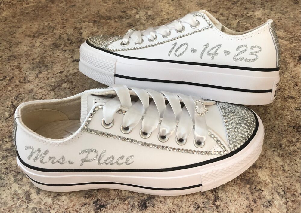 Leather Platform Wedding Converse, Bride Sneaker, Blinged Rhinestone Personalized Gifts