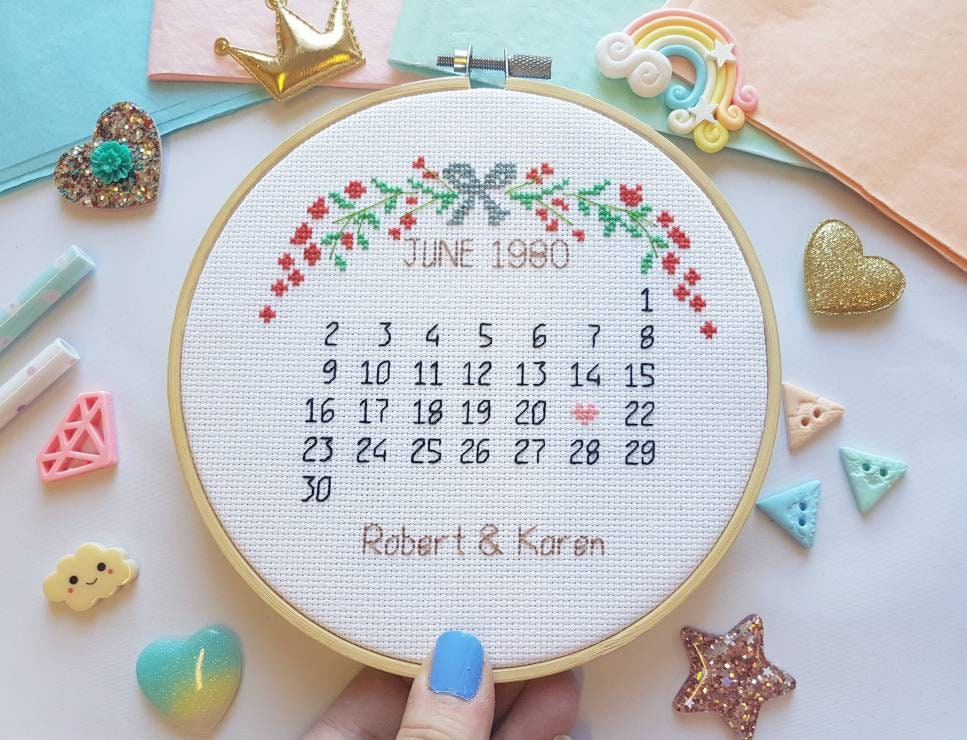 Wedding Calendar Cross Stitch - Personalised Hoop Wall Art Modern Floral Save The Date