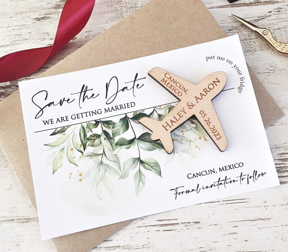 Airplane Save The Date Magnet, Destination Wedding Tropical Wedding, Beach Date, Wooden Magnets, Rustic