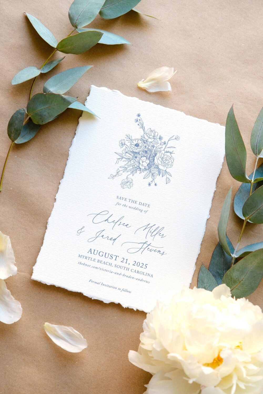 Save The Date Card With Photo, French Blue, Elegant Wedding Card, Toile, Dusty, Vintage, Printed Date, Tori Collection, Rc0304