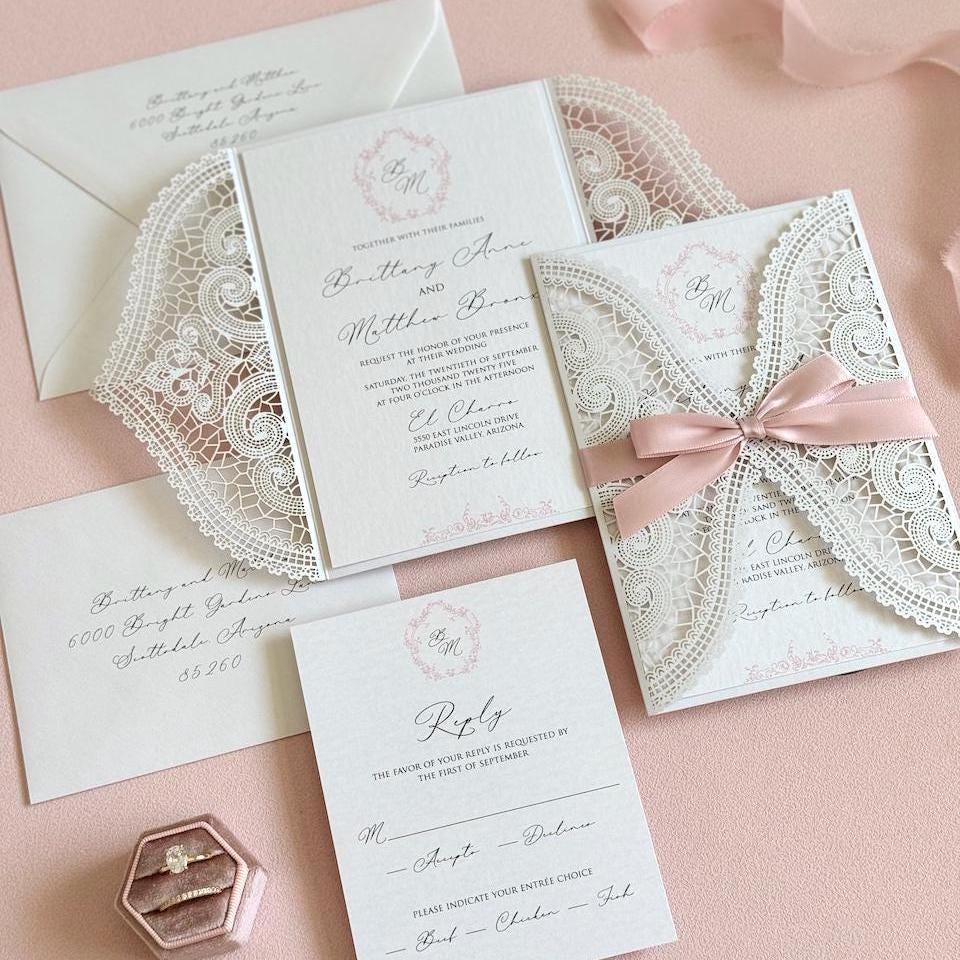 Elegant Lace Wedding Invitation Blush Pink Vintage Invite With Bow Bridgerton Romantic Wedding Handmade Custom