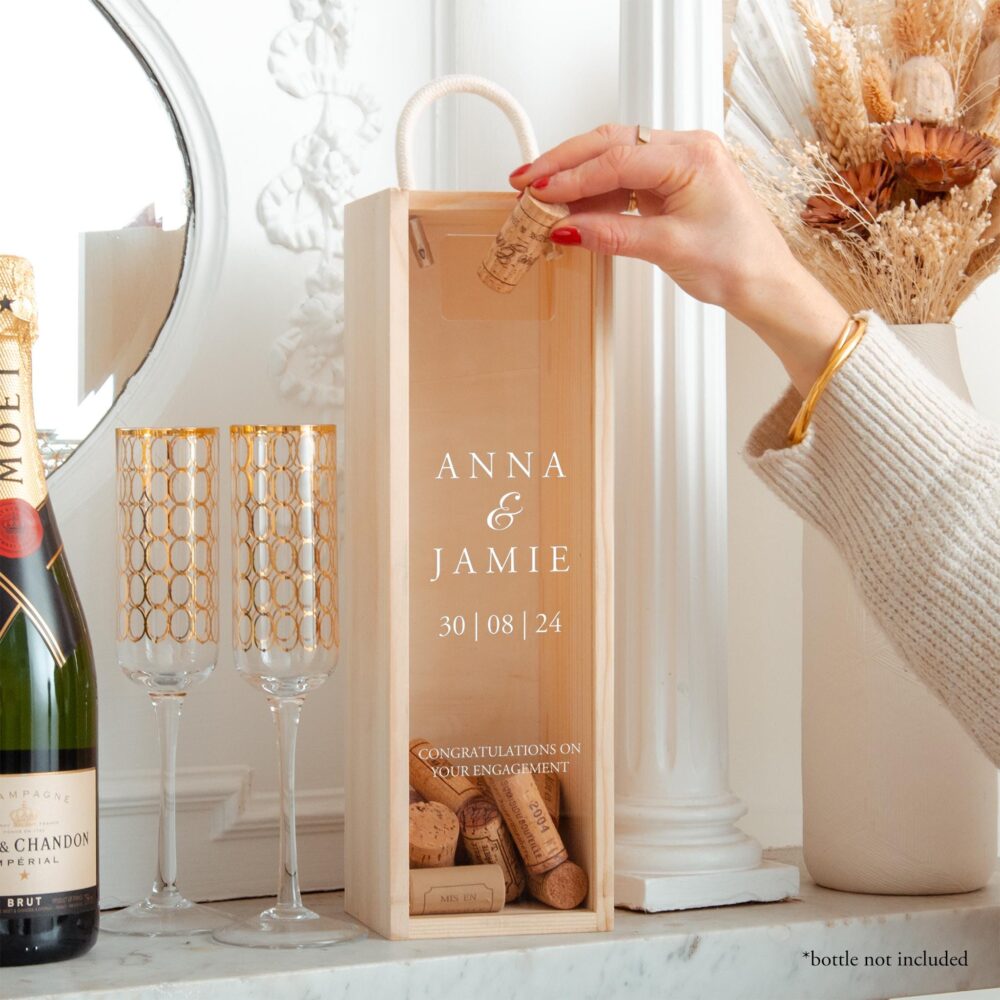 Personalised Engagement Bottle Box Gift Present Engaged Champagne Cork Collector Wooden Couple