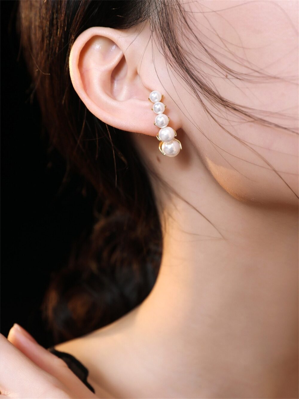 Pearls Ear Climber With Sterling Silver, Ear Lobe Stud Earrings, Gold Climber, Earrings, Cuff, Minimalist Modern