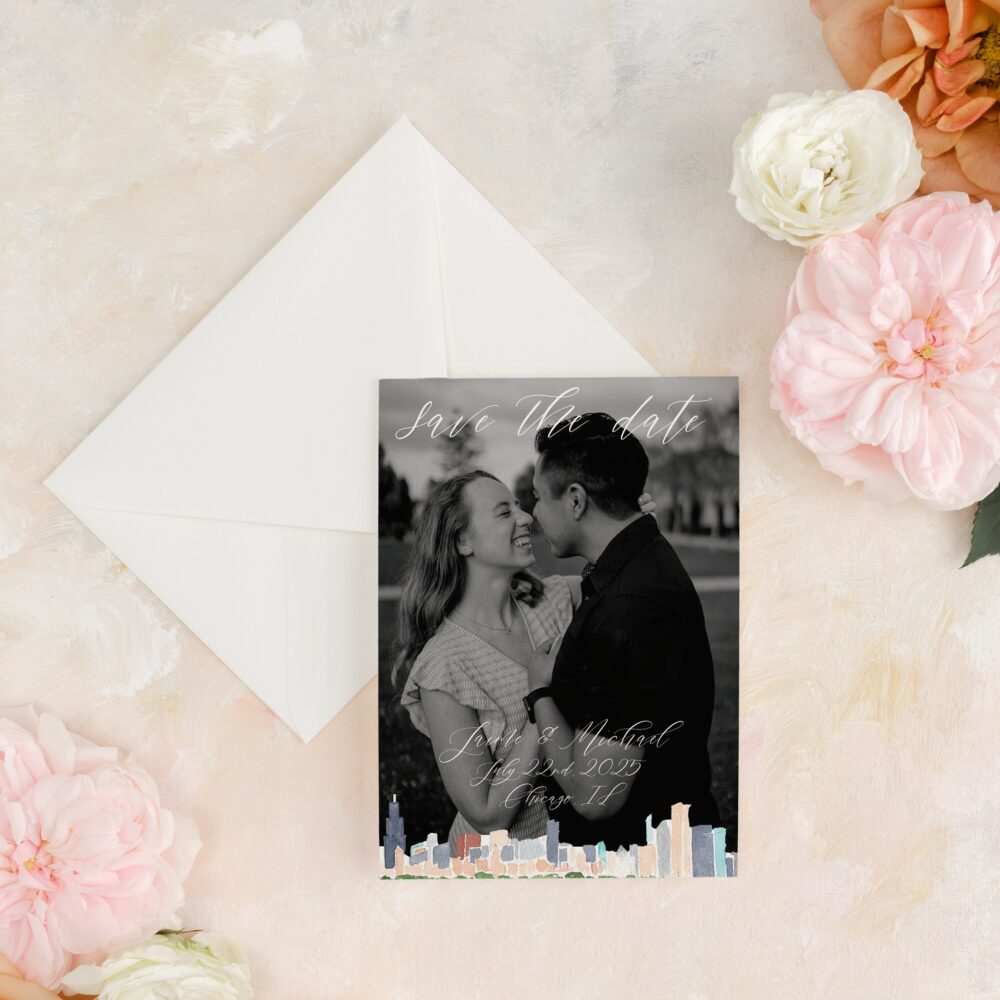 Chicago Save The Date With Photo, Picture Dates Watercolor, Destination Wedding Skyline, Custom Printed