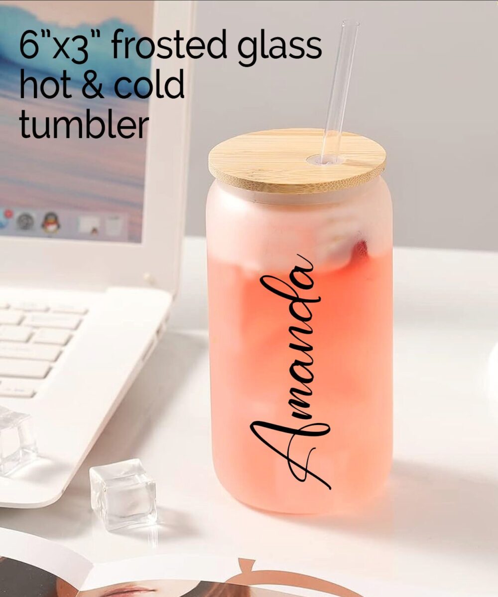 18Oz Frosted Glass Hot & Cold Tumbler With Bamboo Lid & Straw, Bridesmaid Gift, Wedding Personalized Tumbler, Custom Tumbler