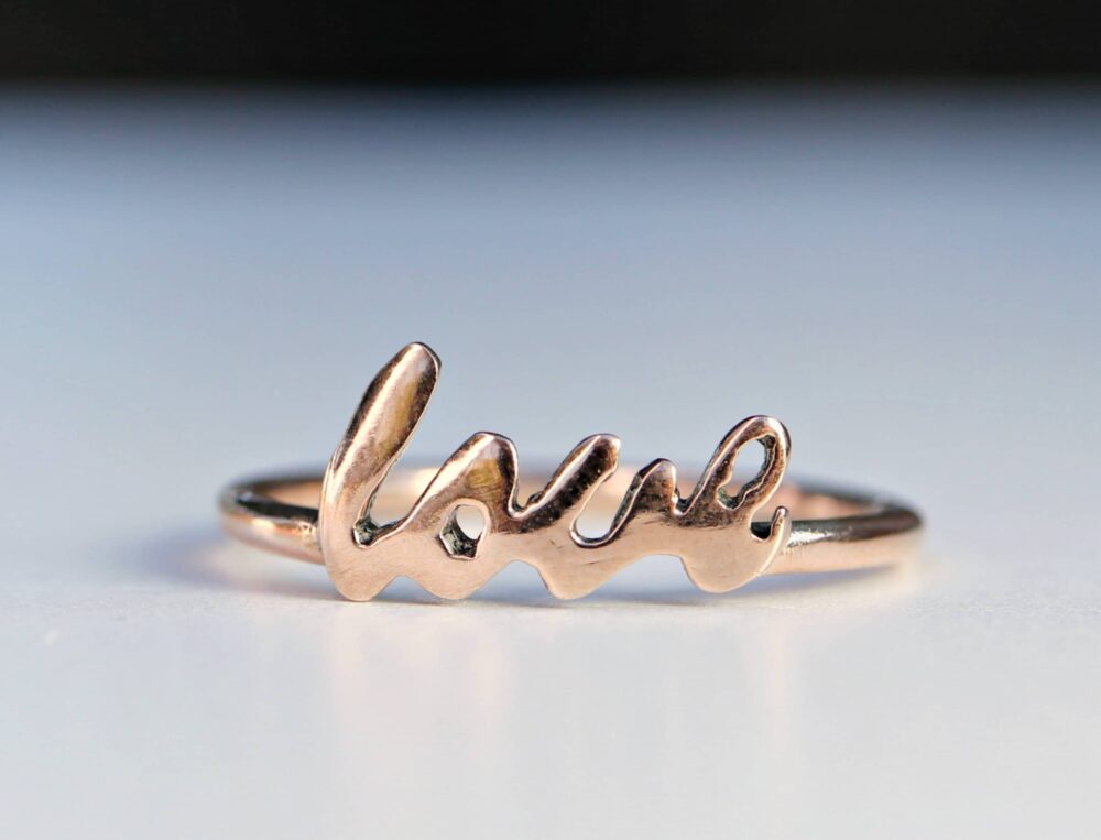 14K Gold Love Ring, Romantic Gift For Her, Solid Rose Script I Love You Ring, Cursive Personalized