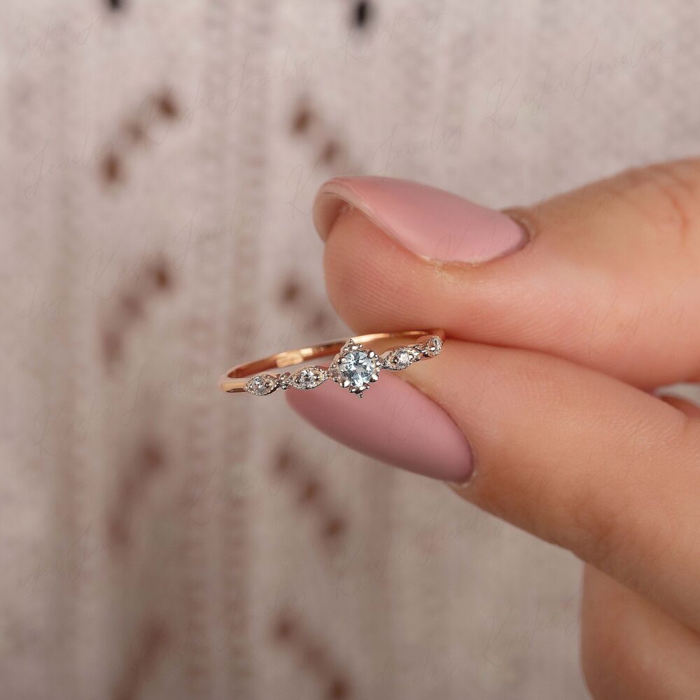 Dainty Swiss Blue Topaz Engagement Ring Rose Gold, Unique Art Deco Women Ring, Topaz Anniversary Promise Wedding