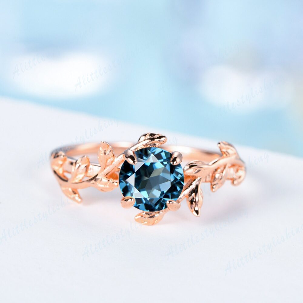 London Blue Topaz Engagement Ring 14K Rose Gold Vintage Twig Unique Leaf Branch Solitaire Antique Vine Promise