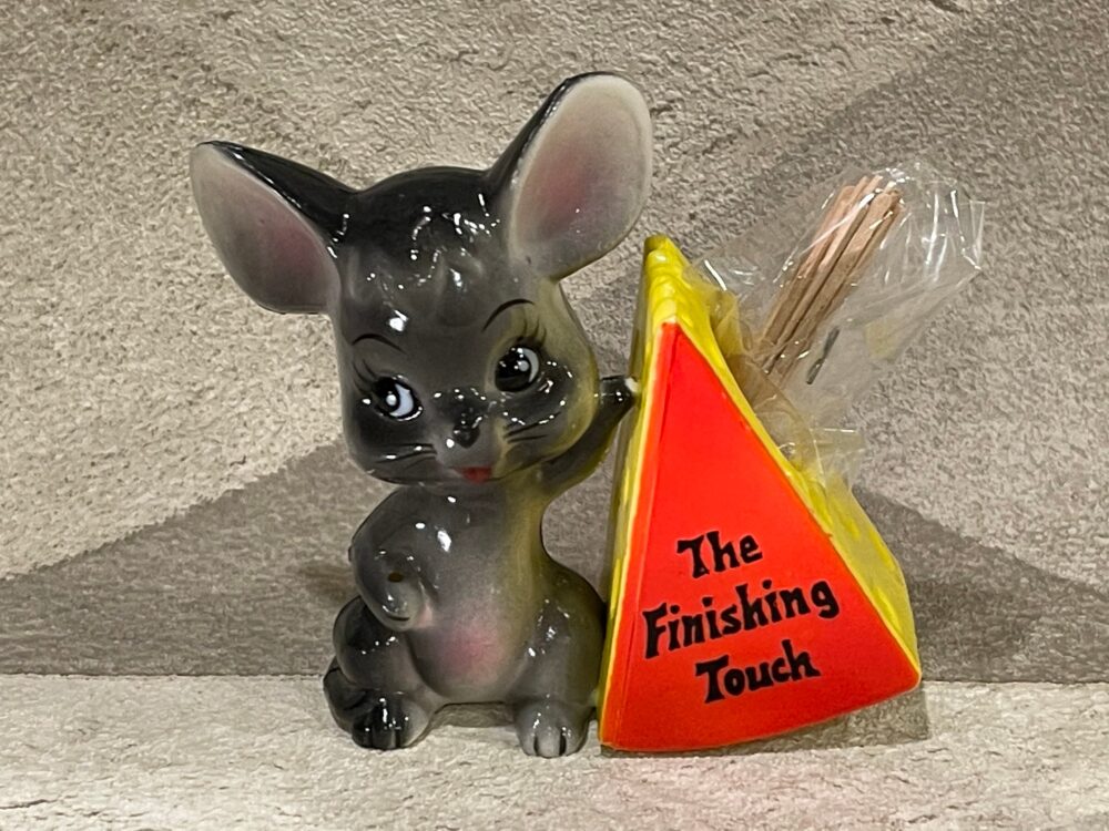 Mouse Toothpick Holder... Mouse With Cheese Wedge..."The Finishing Touch"...plastic...sealed Toothpicks...never Used...original Packaging...1950S