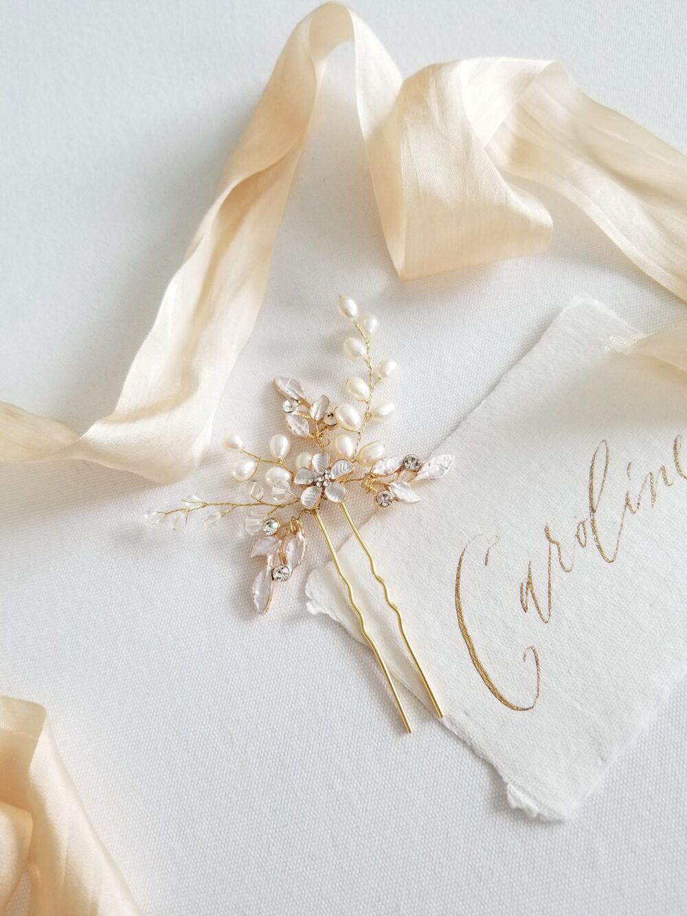 Gold Crystal Pearl Wedding Hair Pins, Silver Pins & Pearl, Floral Bridal Hair