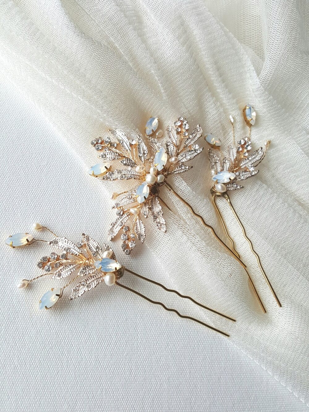Gold Wedding Hair Pins, Pearl Crystal Freshwater Pearl, White Opal Bridal Pins