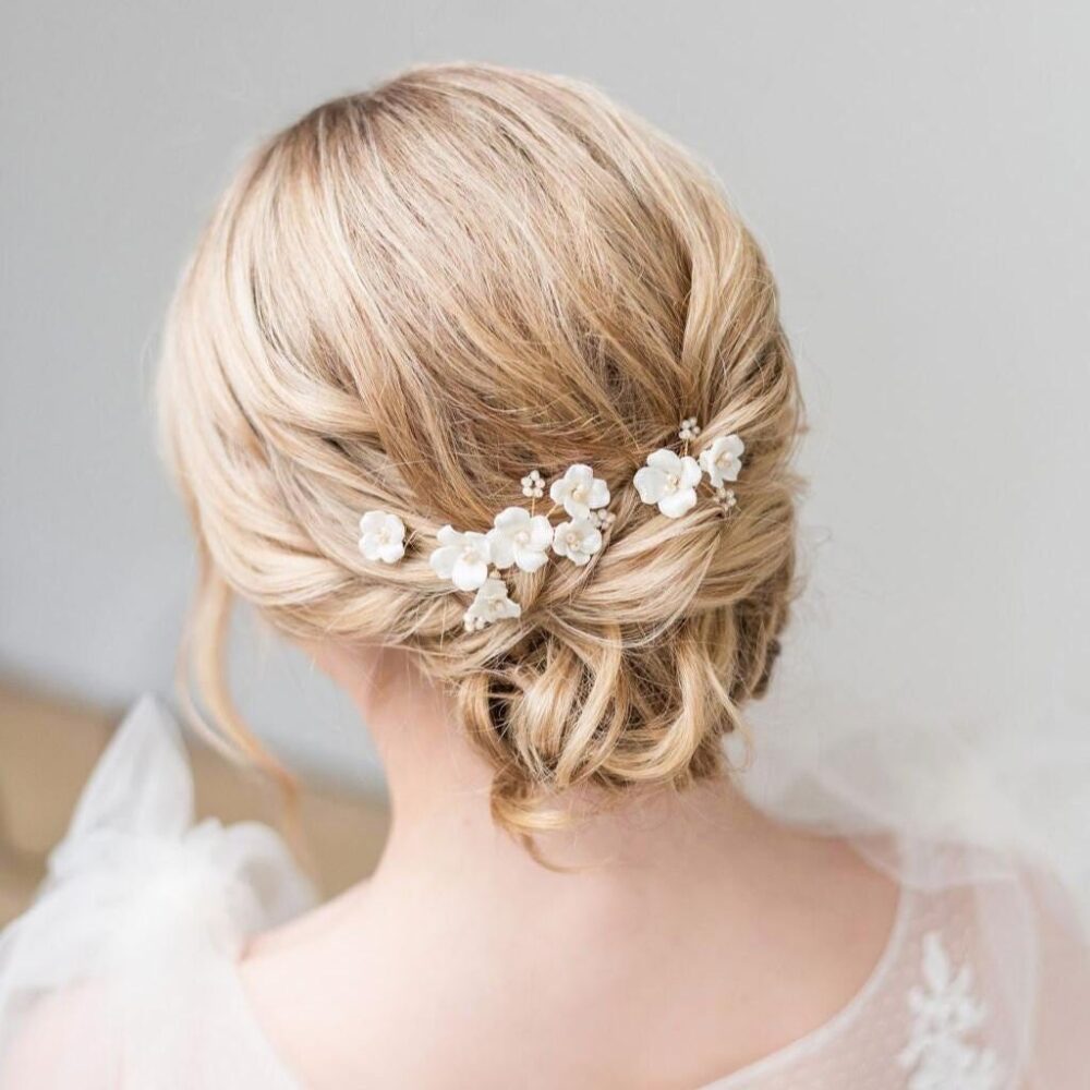 Wedding Hair Pin With Porcelain Flowers, Floral Bridal Pins, Freshwater Pearl Flower Pins For Bride