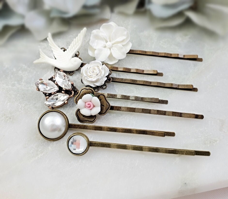 White Wedding Hair Pins Ivory Porcelain Rose Bobby Pin Set Of 7, Diamond Crystals, Dove Pearl Clip, Decorative Bridal Hairpins Ah1012