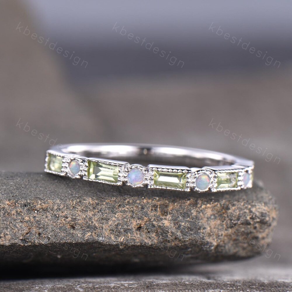 Peridot Opal Wedding Band Women Silver Stacking Half Eternity Baguette Unique Ring Matching Anniversary Gift