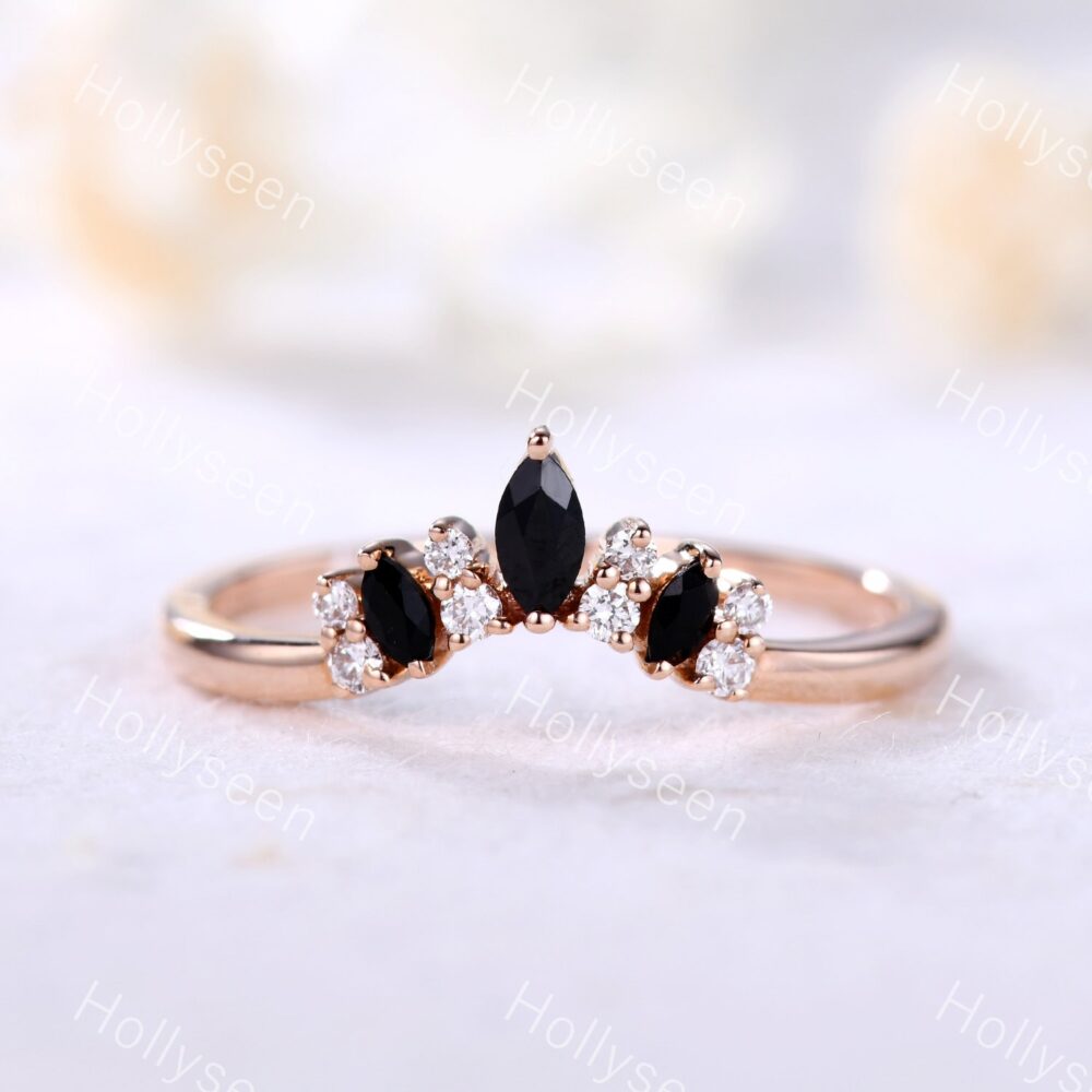 Marquise Black Onyx Wedding Band Silver Rose Gold Moissanite Curved Dainty Ring Anniversary Promise Viking