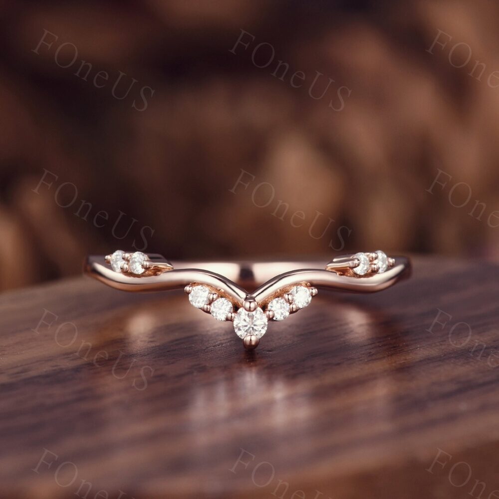 Curved Moissnaite Wedding Band Rose Gold Round Moissanite Curved Matching Antique Stacking Delicate Diamond Bridal Ring