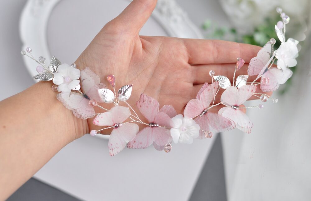 Blush Pink Hair Accessories Blush Butterfly Piece Gold Bridal Hairband Wedding Headpiece Butterfly Vine Comb