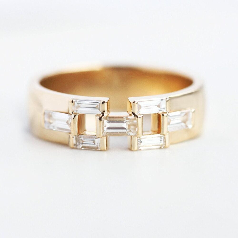 Mens Diamond Band, Unique Mens Wedding Unisex Ring With Baguette Diamonds