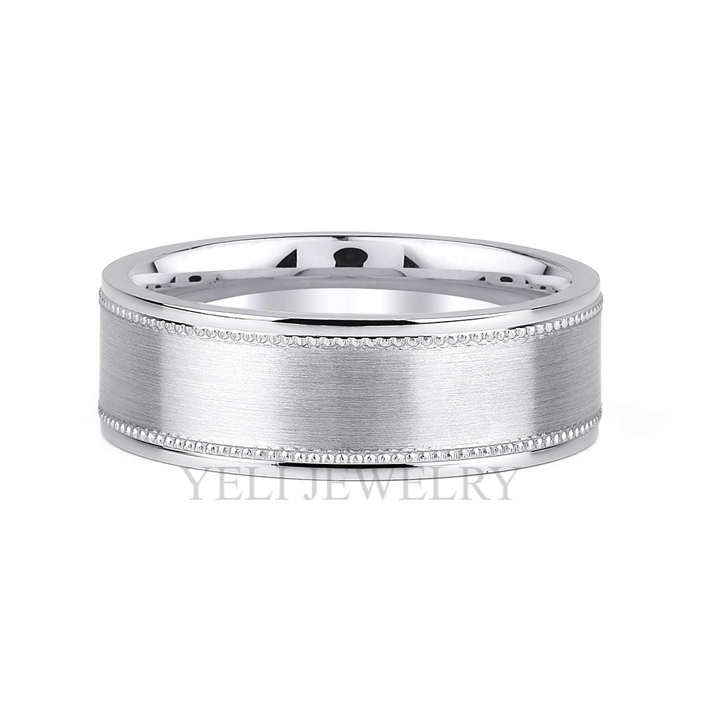 Platinum Wedding Band, Milgrain, Brushed, 6mm, Mens Wide 925 Silver 10K 14K Solid White Gold Male Ring, Anniversary Band