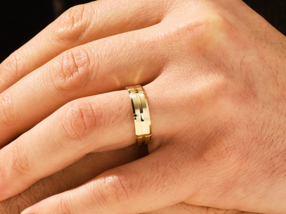 6mm Solid Gold Grooved Block Detailed Men's Wedding Band 10K, 14K, 18K For Men Simple Modern Rings