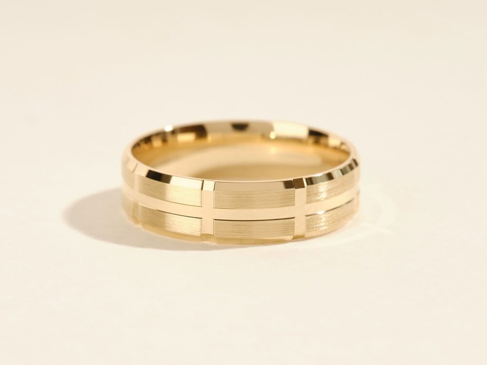 6mm Solid Gold Grooved Block Detailed Men's Wedding Band 10K, 14K, 18K For Men Simple Modern Rings
