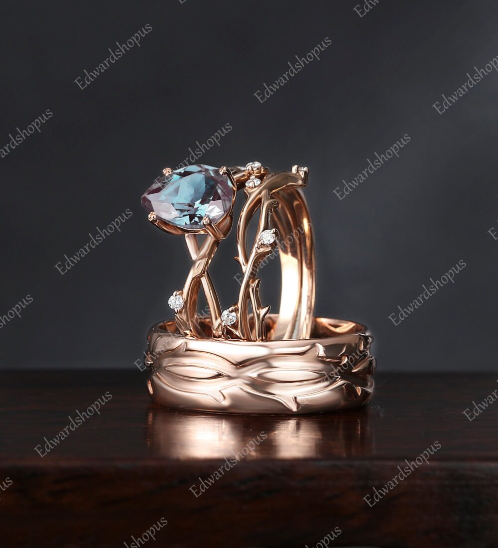 3Pcs Couples Ring Set For Men & Women, Men Wedding Band, Alexandrite Engagement Ring Set, Vintage Diamond Bridal Set