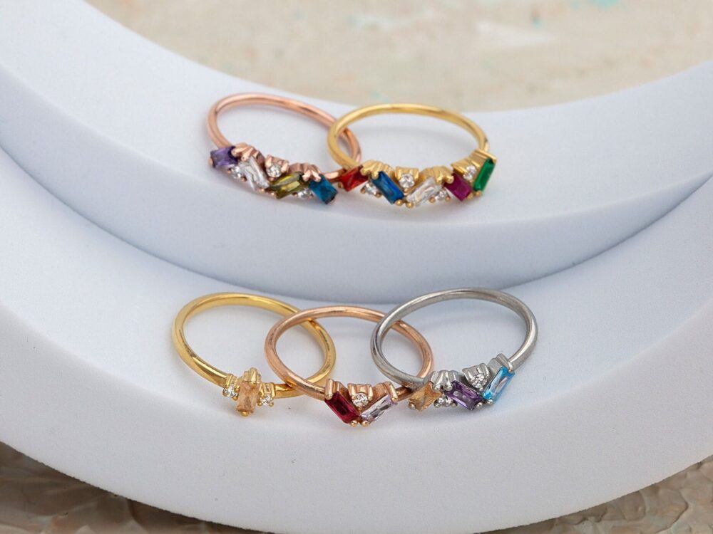 14K Solid Gold Multi Birthstone Ring, Baguette Cut Gemstone Birthday Gift For Her, Family Ring Mom, Mother's Day Gifts