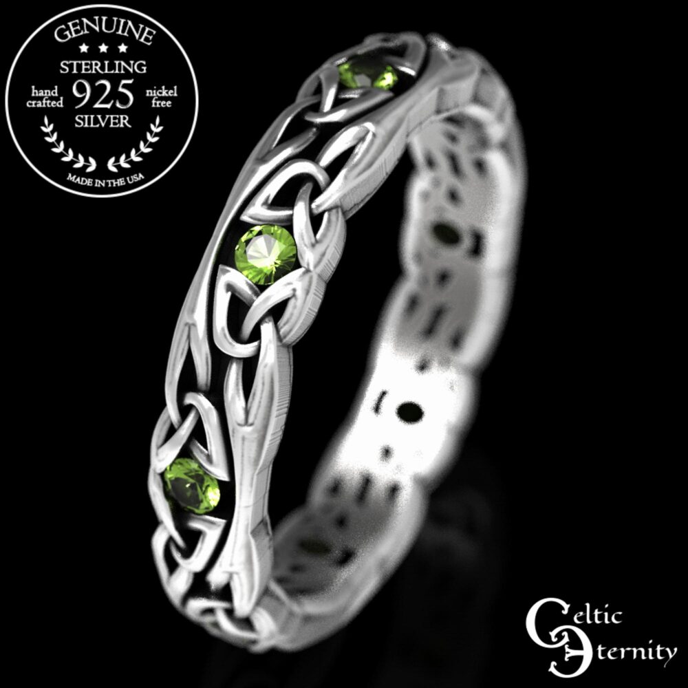 Narrow Peridot Wedding Ring, Sterling Celtic Band, Womens Knotwork Delicate Thin 1467