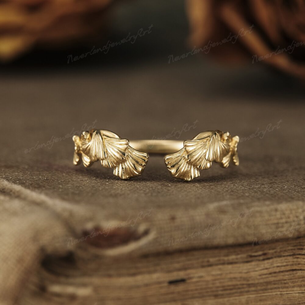 Nature Inspired Leaf Engraving Wedding Band Curved Handmade Open Ginkgo Biloba Ring Stacking