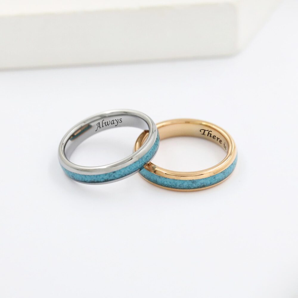 Custom Promise Ring For Him Her, Engraved Wedding Band, Personalized Couples Ring, His & Hers Tungsten Turquoise Band