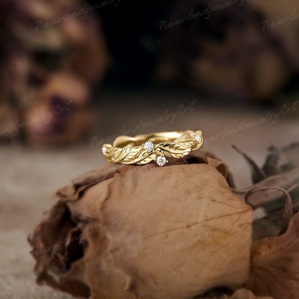 Diamond Engagement Ring Nature Inspired Leaf Engraving Wedding Band Branch Vines Moissanite Stacking Promise Gift For Her